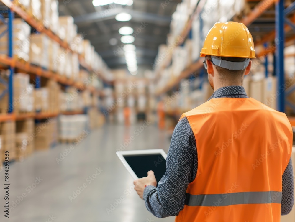 Poster logistics optimization hub, dispatcher managing vehicle and package flow with tablet, real-time trac