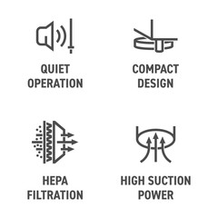 Robot vacuum cleaner icons in bold line - High suction, HEPA , Compact, Quiet