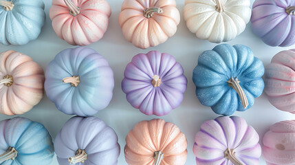 Vibrant pumpkins in pink, blue, and purple adorn a white backdrop, perfect for Halloween or Thanksgiving. These festive decorations evoke the essence of autumn's harvest cheerful atmosphere.