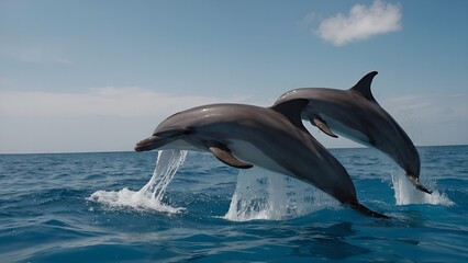 A dolphin emerging from the water with cheerful energy