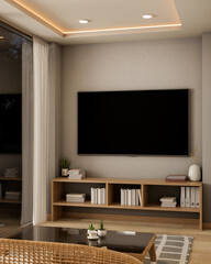 A contemporary living room features a wicker sofa by the window, a bookcase, a TV on the wall.