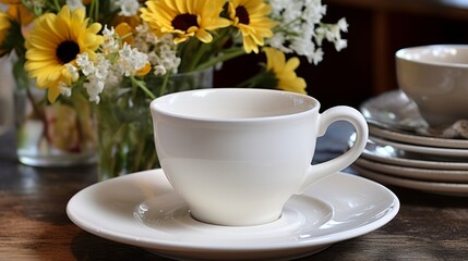 Obraz premium Elegant white daisy flower latte on cream saucer for delicate and stylish presentation