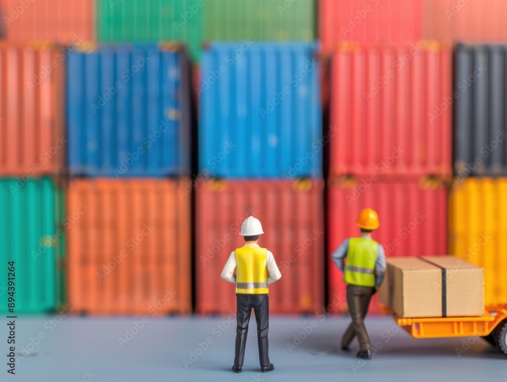 Poster dockworkers coordinating the movement of a container-laden truck, showcasing teamwork in a bustling 