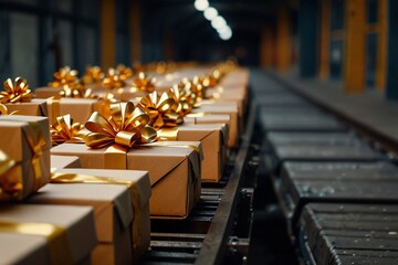 genrative ai Organized Logistics: Boxes Glide Across a Conveyor Belt in a Warehouse, Reflecting Systematic Handling and Structured Operations
