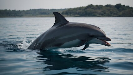 A dolphin swimming smoothly through the bright blue ocean on a sunny day