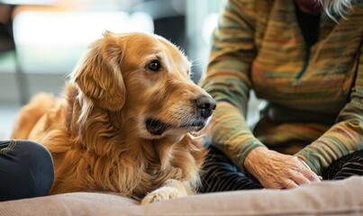 Naklejka na ściany i meble elderly person with long hair gently touching a dog lying on the sofa, set in a warm-toned indoor living scene with soft lighting and natural movements, capturing the bond between people and pets