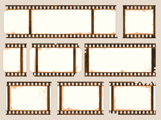 Grunge film strip border frame.  Camera roll vintage design. Photo album, place for negative pictures with grunge sepia effect. Retro scratched vector background