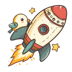 A cartoon drawing of a yellow rocket with a bird on top