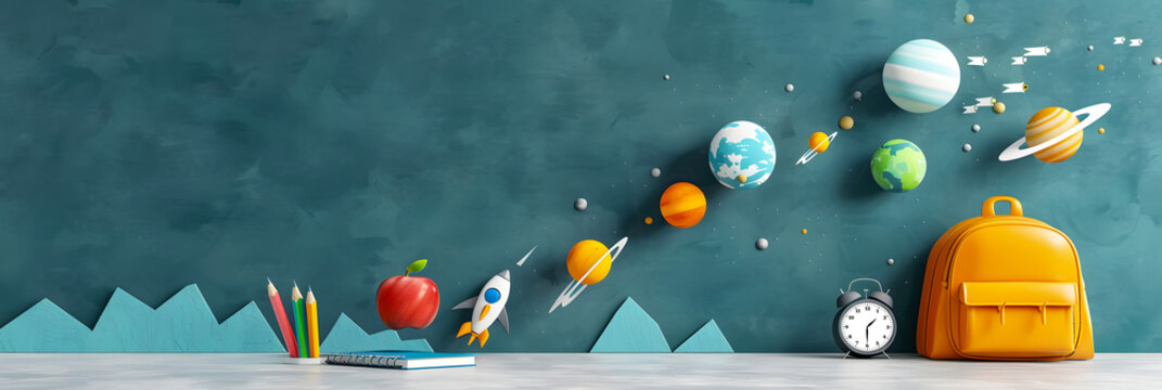 Orange Backpack With Space Themed Wall Decor and School Supplies