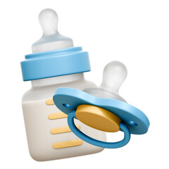 Baby Milk Bottle & Baby Pacifier 3D Rendering Icon Isolated Transparent Background	