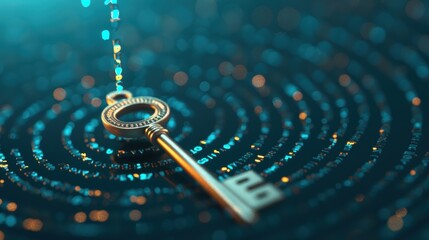 An artistic depiction of a golden key floating above a swirling vortex of glowing symbols and equations, representing the concept of unlocking new insights and understanding through knowledge.