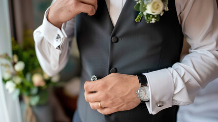 Groom Adjusting Cufflinks Before Wedding