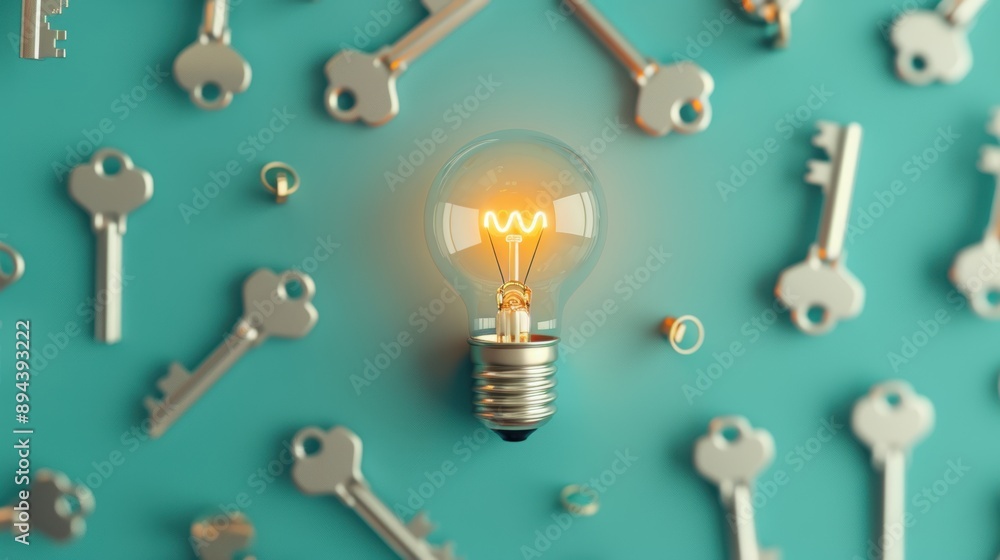 Poster a metaphorical representation of a light bulb glowing brightly amidst a cluster of keys, symbolizing