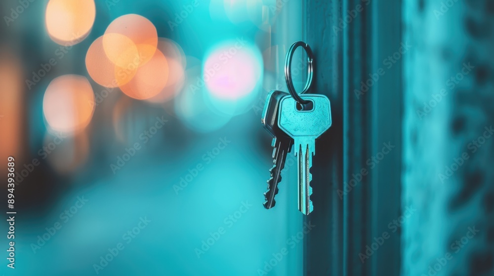Poster a set of keys dangling from a commercial door lock in an office setting, representing security and c