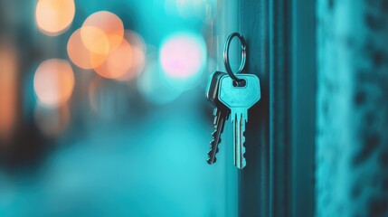 A set of keys dangling from a commercial door lock in an office setting, representing security and control.