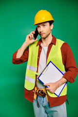 A handsome male construction worker in uniform talking on a cell phone on a green backdrop.