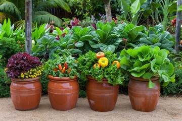 Harvesting pots in garden design showcase the practical and aesthetic aspects of gardening. 