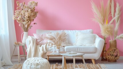 Comfortable living room with decor, sofa, coffee table, dried flowers, pink wall, and accessories.