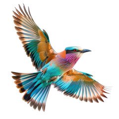 Fototapeta premium Majestic Flight: The Iridescent Beauty of a Multicolored Bird in Mid-Air Against a Transparent background