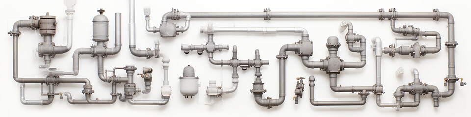 long narrow panoramic view background pipes and pipe connections isolated on white, abstract communications