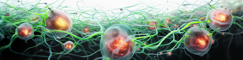 virus simulation at high magnification, long narrow panoramic view, cellular structure, chlorophyll, fictional graphics,  micro level, in green