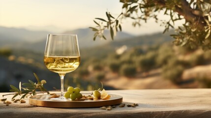 Tranquil moment  white wine glass on table with olive tree, overlooking the mediterranean sea