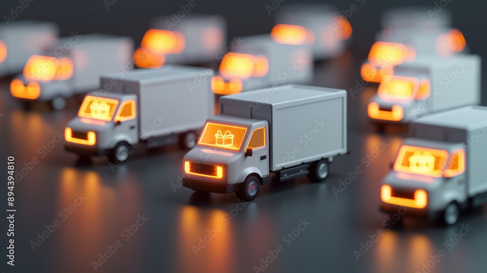 Poster delivery fleet in action, vibrant package icons shine on a lineup of vehicles, showcasing efficient 