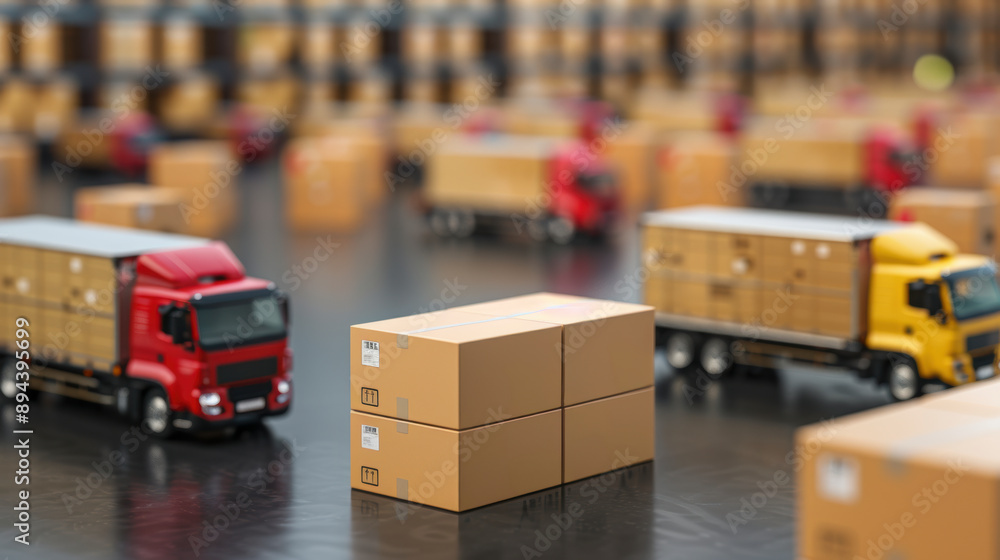 Poster dispatch hub overview, aerial view showcasing a bustling dispatch area with vehicles and packages, e