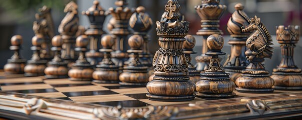 Fototapeta premium Intricately Designed Wooden Chess Set Displayed Outdoors