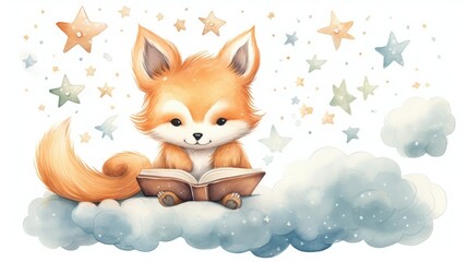 Obraz premium Cute fox reading a book on a cloud