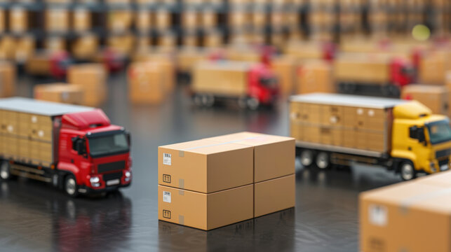 Dispatch Hub Overview, Aerial view showcasing a bustling dispatch area with vehicles and packages, emphasizing logistical efficiency, ample space for text, rich details throughout.