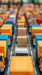 Obraz premium Logistics Hub Overview, aerial view showcasing a bustling dispatch area filled with vehicles and packages, emphasizing operational efficiency, ample space for text integration.