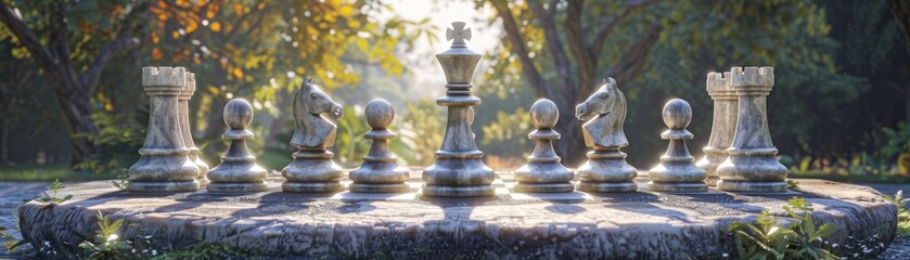 Fototapeta premium Marble Chess Pieces on Outdoor Stone Table in Sunlit Garden