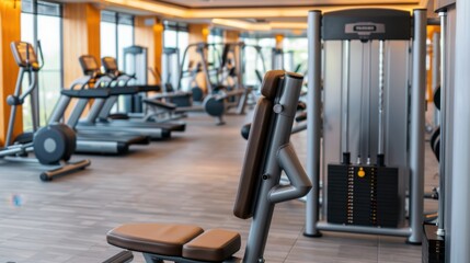 Obraz premium Futuristic Fitness Hub, a cutting-edge gym featuring automated equipment, sleek design, expansive layout, ideal for showcasing advanced training and wellness concepts.