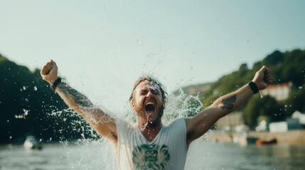 Fototapeta premium Man holds chilled beer can by river as water splashes under sunny skies in refreshing scene