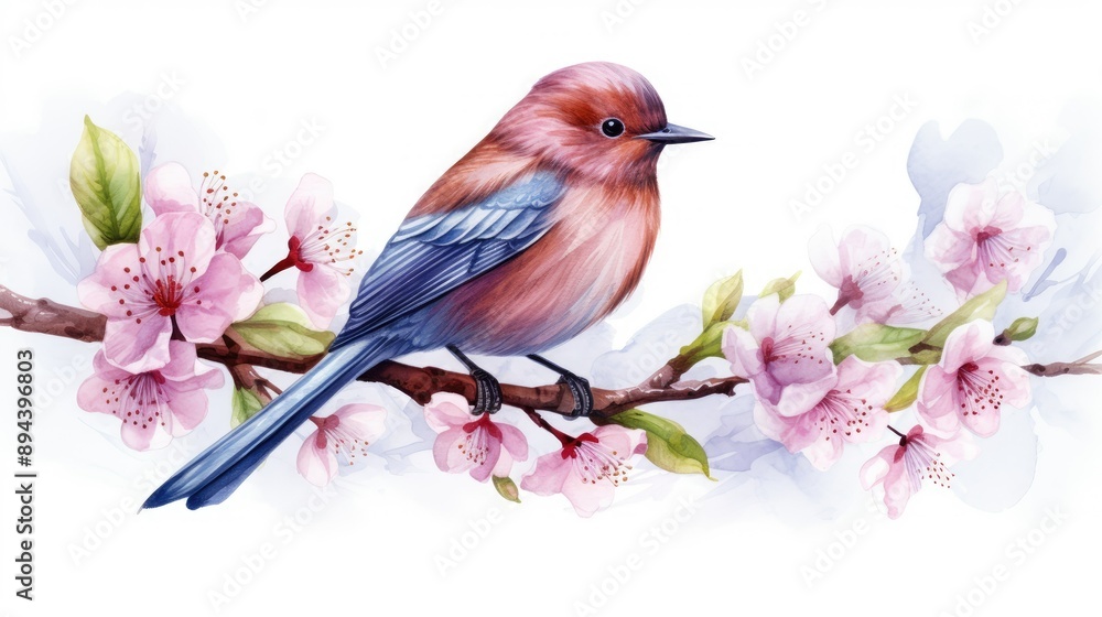 Wall mural Cute bird sitting on a cherry blossom branch