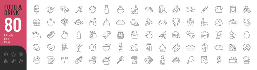 Food and Drink Line Editable Icons set. Vector illustration in thin line style of nutrition related icons: vegetables, fruits, desserts, meat, baked goods, drinks, and more. Isolated on white.