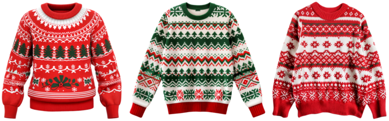 Festive Christmas Sweater Collection with Red, Green, and White Patterns - Holiday Knitwear Collection, Traditional Winter Designs, Isolated on Transparent Background