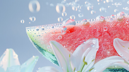 fresh watermelon slice with lily petals and delicate bubbles, set against an ethereal background, evoking the essence of springtime