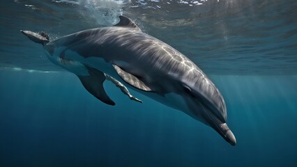 Naklejka premium A dolphin gracefully gliding through the shimmering sea