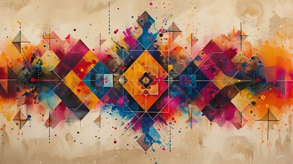 Abstract Geometric Artwork With Watercolor Splashes