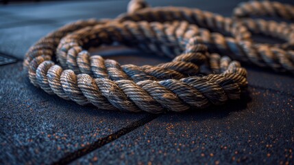 Obraz premium Coiled Battle Rope on Gym Floor for Intense Workout and Strength Training