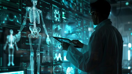 Medical technology concept. doctor using tablet is showing digital hologram icons and medical symbols on the touch screen in the style of future technology in healthcare concept.