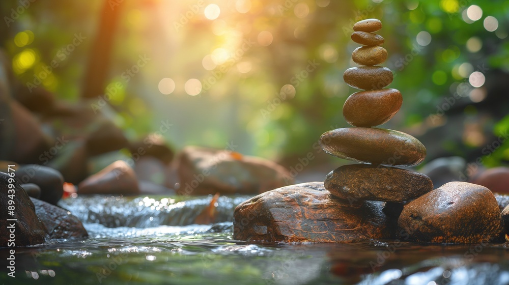 Poster stack of smooth balanced stones in tranquil forest stream image copy space. soft golden sunlight, ca