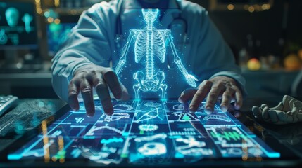 Medical technology concept. doctor using tablet is showing digital hologram icons and medical symbols on the touch screen in the style of future technology in healthcare concept.