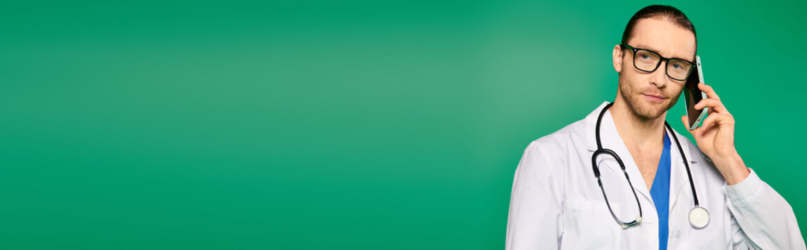 A male doctor in a white coat is engaged in a phone conversation.