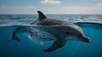 Fototapeta premium A dolphin soaring high above the sea waves with grace