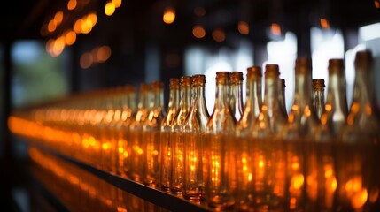 Obraz premium Wine bottles glowing in dim cellar with beautiful bokeh lights, creating a captivating ambiance