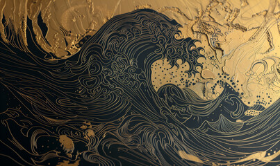 intricate gold and black abstract wave patterns with detailed line work and swirling designs in a luxurious style