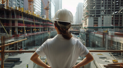 A female engineer wearing a white helmet and uniform stands on the bridge deck of an urban tunnel construction site, watching workers build steel frames for bridges. 